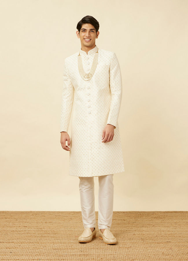 Pearled Ivory White Ogee Patterned Sequined Sherwani Set image number 2